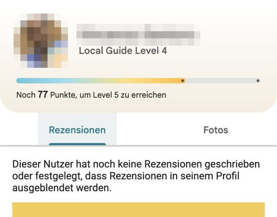 Profil des Verfassers der 3-Sterne-Bewertung: Local Guide Level 4, im Reiter Rezensionen der Hinweis, dass keine Rezensionen sichtbar sind. Name und Bild verpixelt.