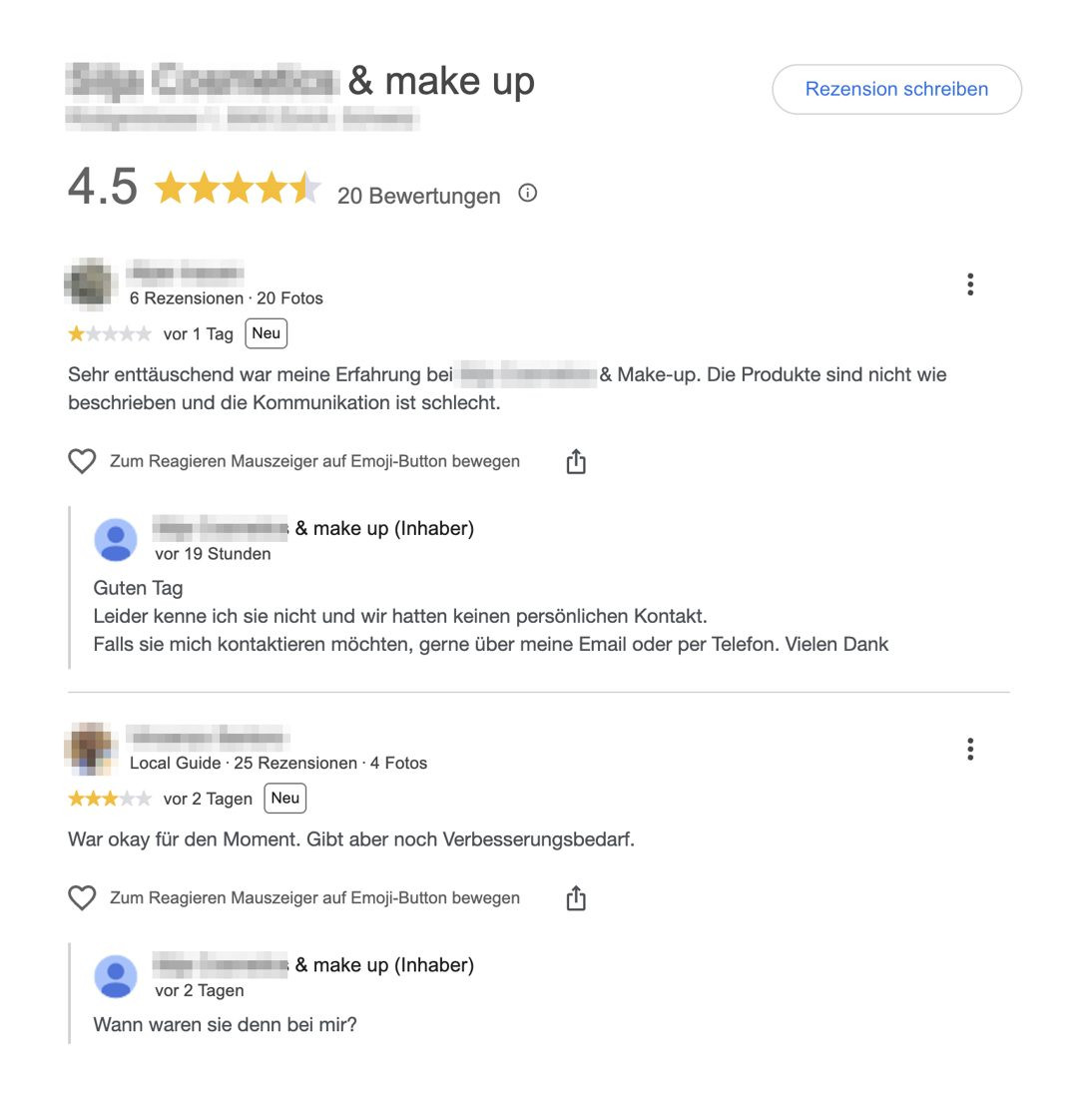 Ausschnitt des Google-Profils des Studios: 4.5 Sterne aus 20 Bewertungen, darunter eine 1-Stern- und eine 3-Sterne-Bewertung mit den Antworten der Inhaberin. Studioname, Adresse und die Namen der Bewerter sind verpixelt.