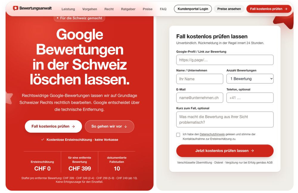Startseite von bewertungsanwalt.ch: Google-Bewertungen in der Schweiz löschen lassen, CHF 399 pro entfernte Bewertung, Formular für eine kostenlose Prüfung.