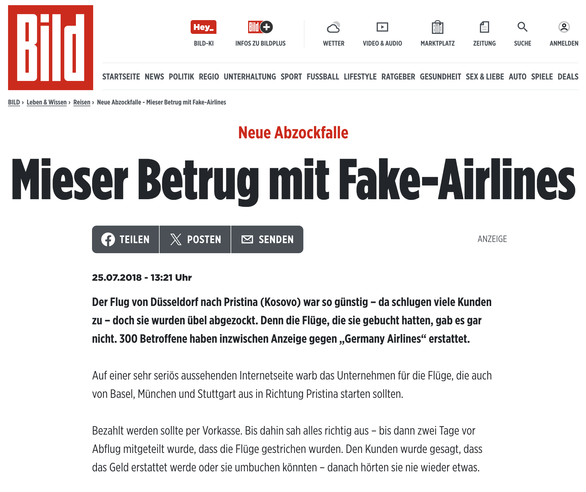Bild Zeitung zum Thema Fake Airlines aus der Schweiz